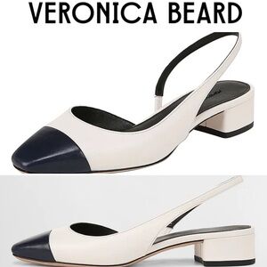 NEW Veronica Beard Cecile Slingback Captoe Pumps  Sz 7 Ivory & Navy Patchwork